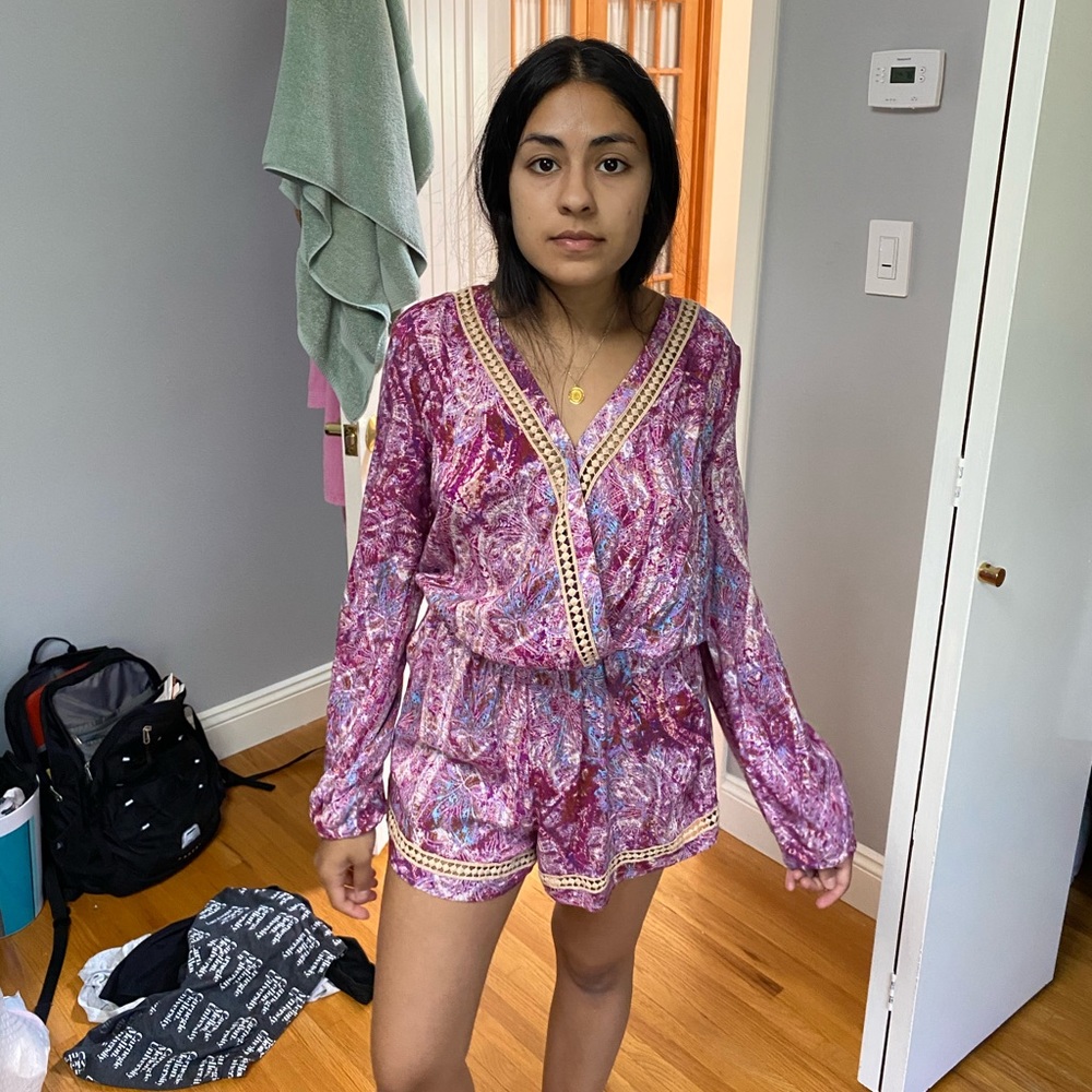 Multicolor romper with crochet detailing on chest